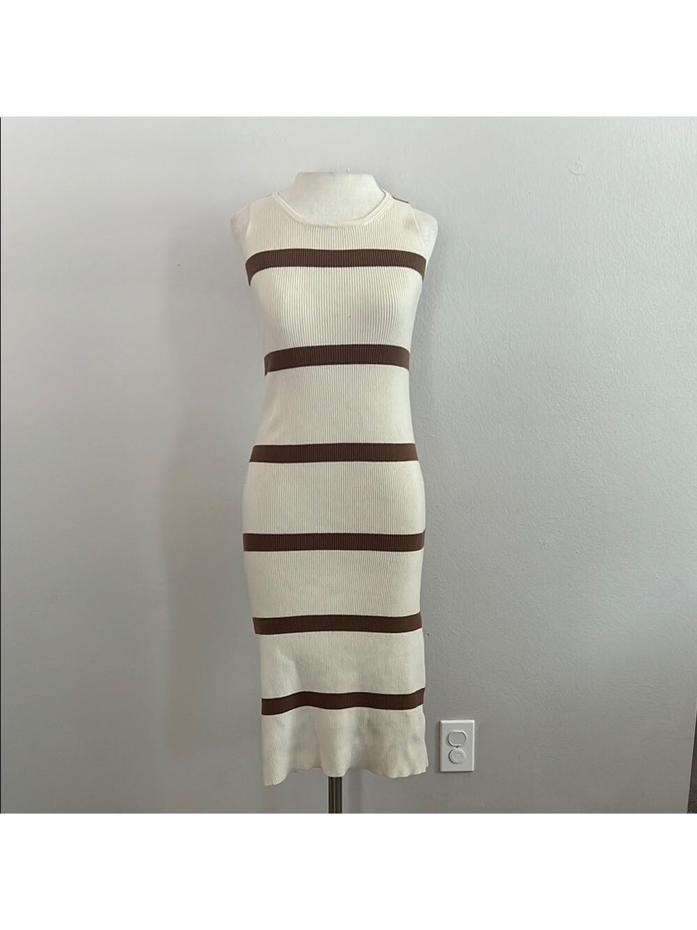 Cream and Brown Sleeveless Sheath Dress with Stripes